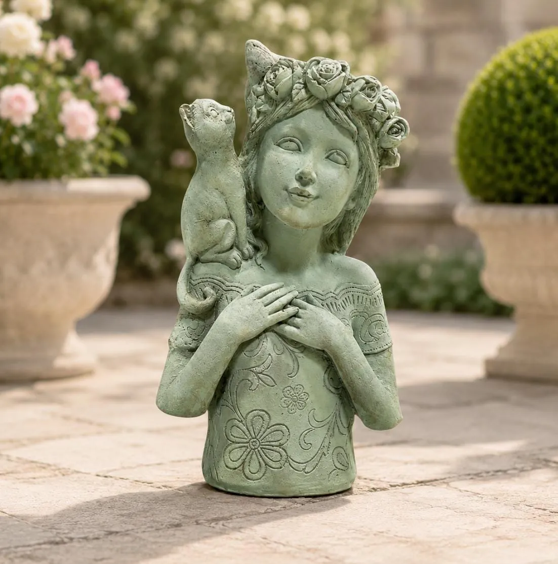 18″ Rose Crown Cat, Hand-Painted Concrete, photo 6 of 10