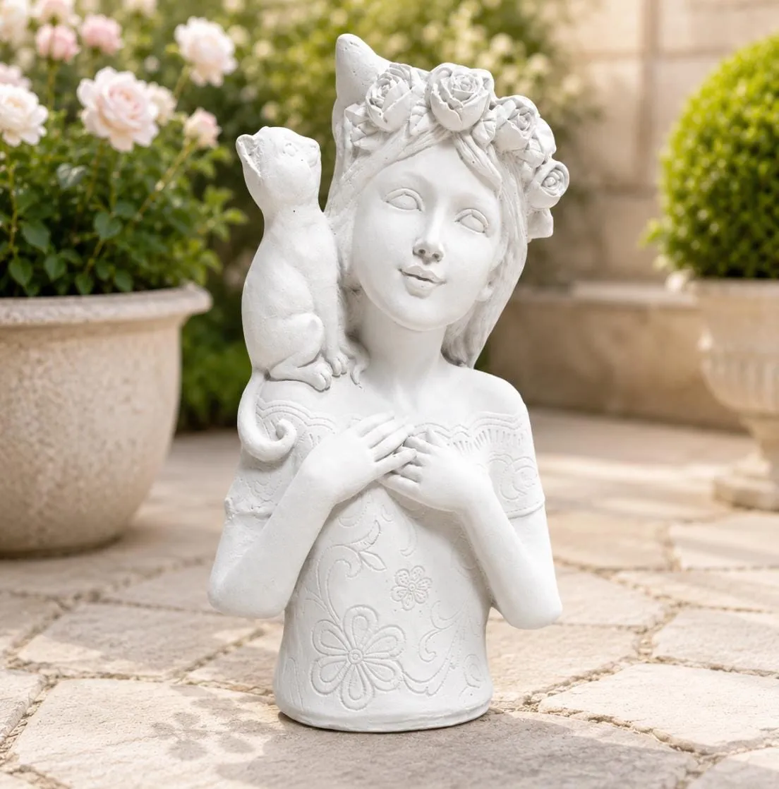 18″ Rose Crown Cat, Hand-Painted Concrete, photo 7 of 10