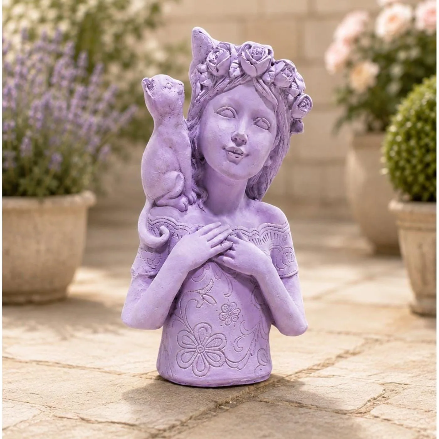 18″ Rose Crown Cat, Hand-Painted Concrete