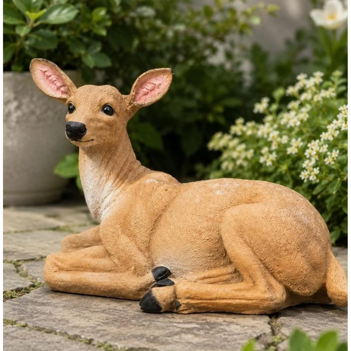 15″ Resting Doe Statue, Hand-Painted Concrete