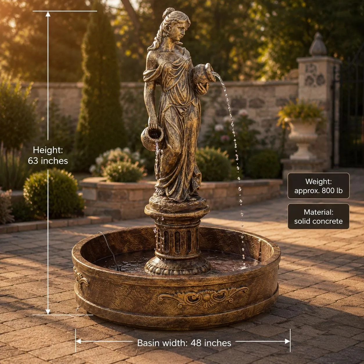 63″ Naiad Courtyard Fountain, Solid Concrete, photo 5 of 8