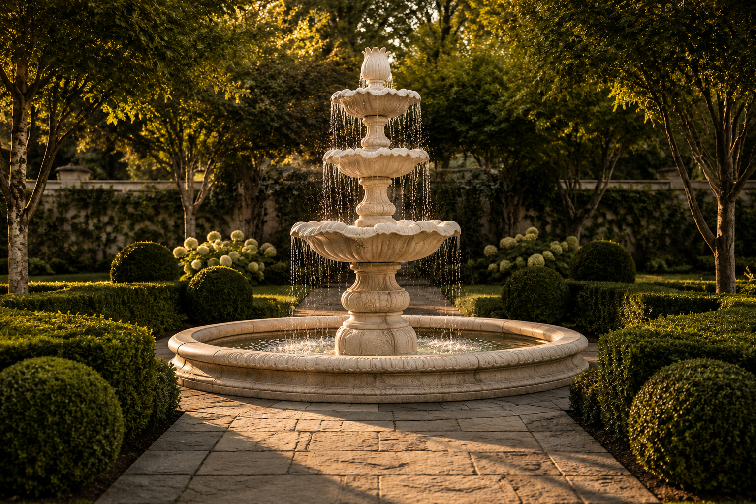A member of the workshop team standing beside a three-tier concrete fountain that reaches above head height