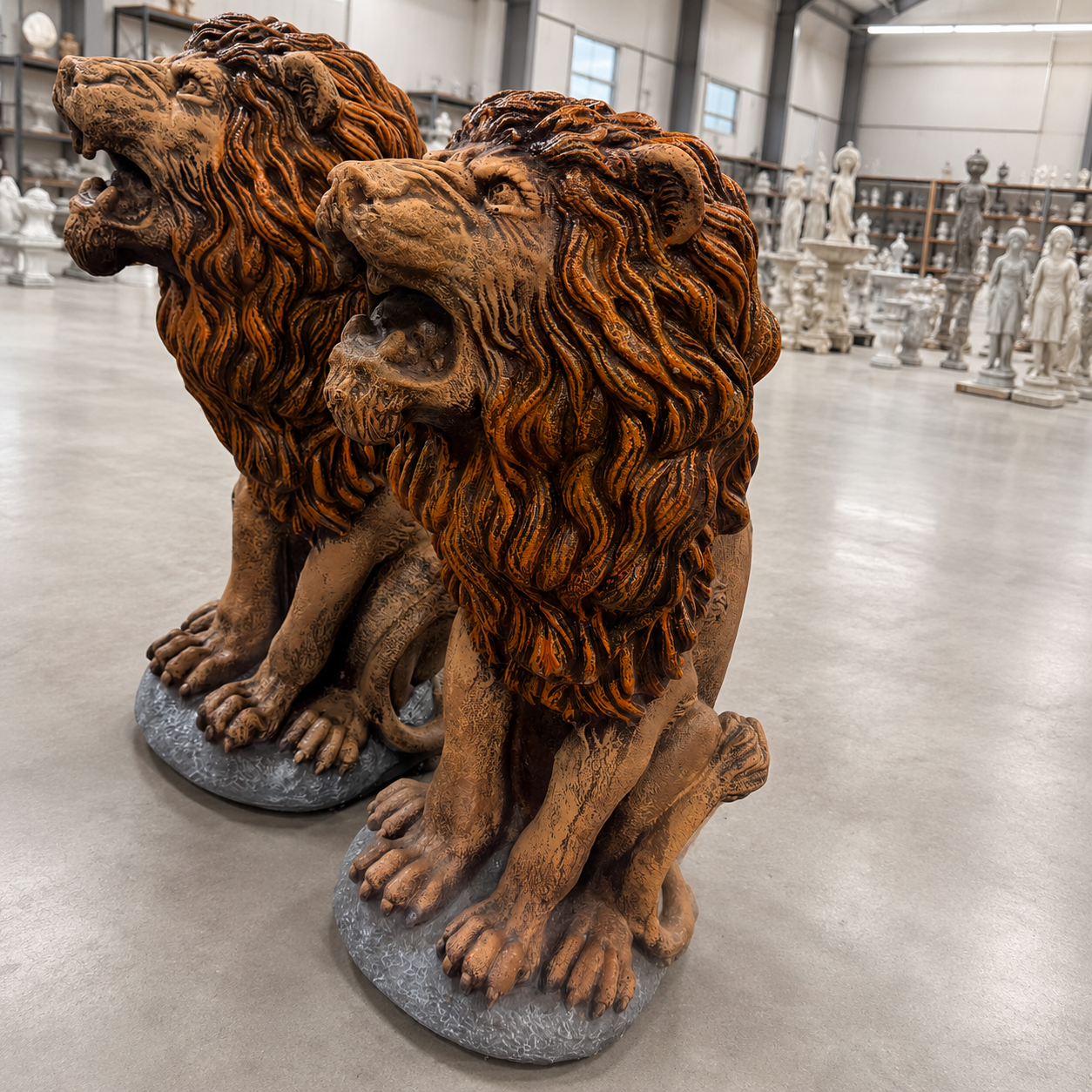 A production run of concrete lion statues waiting on the workshop floor in Warren, Michigan