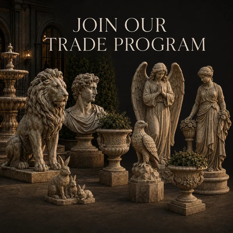 A grouping of concrete lions, angels, eagles and urns