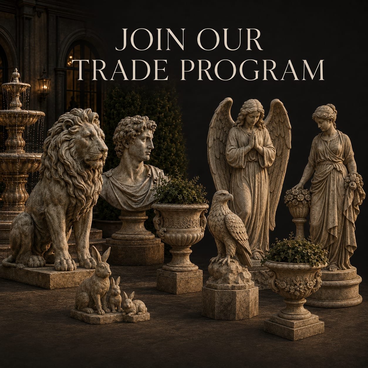 A range of concrete statuary — lions, angels, busts, eagles and planted urns — arranged together