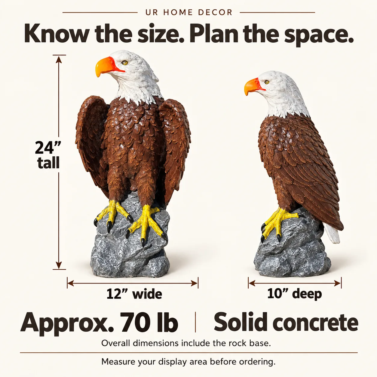 24″ Lifesize Bald Eagle, Solid Concrete, photo 2 of 9