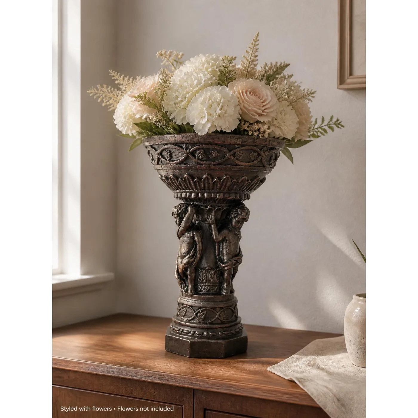 17" Concrete Cherub Urn Statue – Handmade Bronze Finish, photo 3 of 8