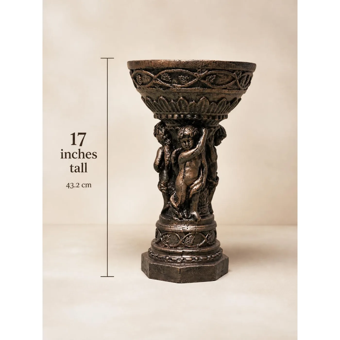 17" Concrete Cherub Urn Statue – Handmade Bronze Finish, photo 2 of 8