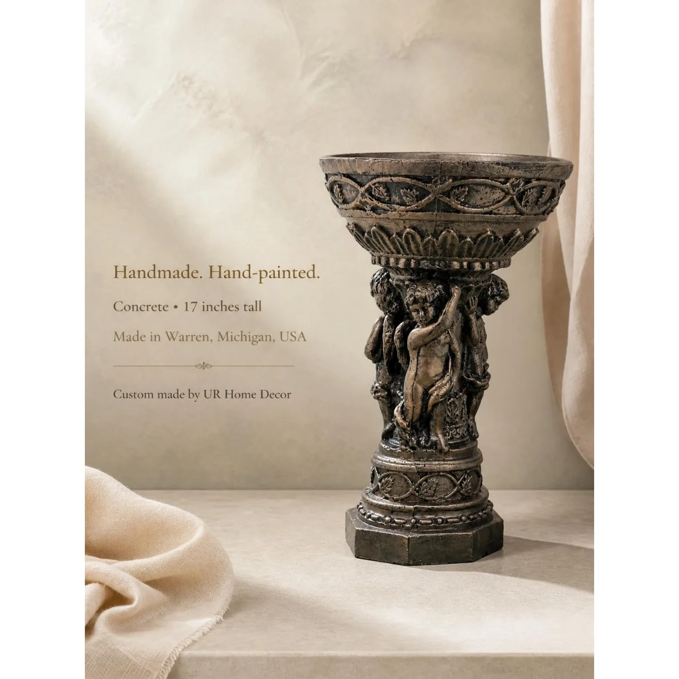 17" Concrete Cherub Urn Statue – Handmade Bronze Finish, photo 5 of 8