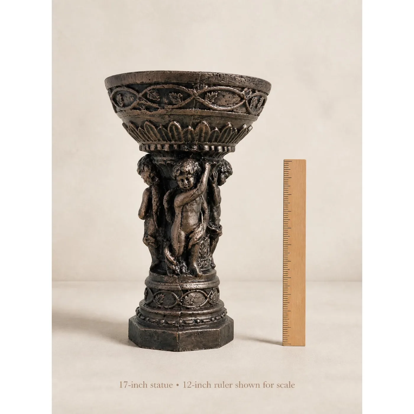 17" Concrete Cherub Urn Statue – Handmade Bronze Finish, photo 4 of 8