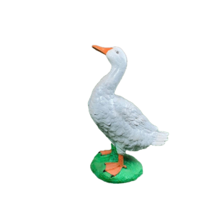 White PorchGoose Statue, that is 15 inches in height and painted white standing on green grass