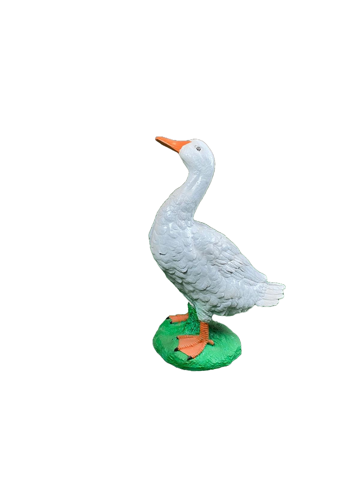 White PorchGoose Statue, that is 15 inches in height and painted white standing on green grass