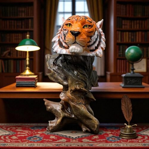 10" Concrete Tiger Head on wood Sculptor