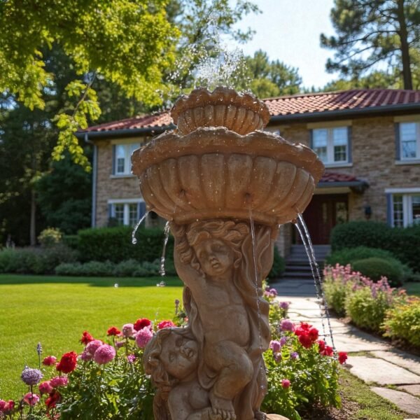 20250802_140940-Photoroom MASSIVE 7.5 FOOT Concrete Water Fountain with Pump – Fully Functional Outdoor Garden Cherub Fountain - easy set up fountain, Weatherproof