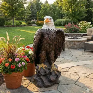 A large, realistic bald eagle statue perched on a rock stands on a stone patio, surrounded by potted flowers and a landscaped garden with trees, lawn, and an outdoor fire pit in the background.