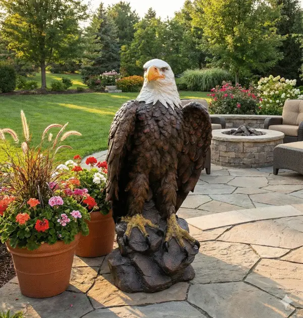 A large, realistic bald eagle statue perched on a rock stands on a stone patio, surrounded by potted flowers and a landscaped garden with trees, lawn, and an outdoor fire pit in the background.