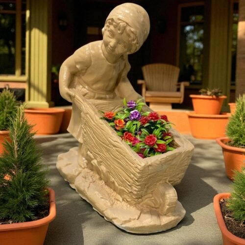 Girl Pushing a Wheelbarrow Concrete Statue