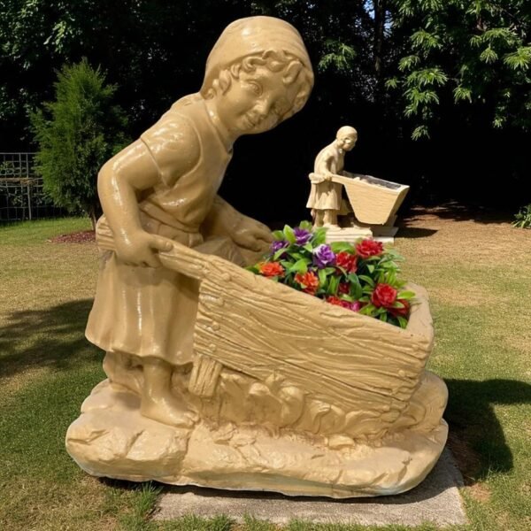 Girl Pushing a Wheelbarrow Concrete Statue