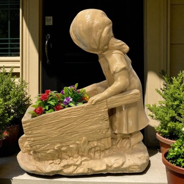 Girl Pushing a Wheelbarrow Concrete Statue