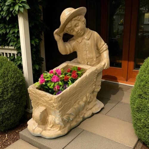 Boy Pushing a Wheelbarrow Concrete Statue