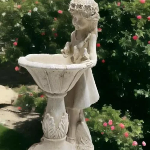 15" Handcrafted Concrete Lady with Bird Bath – Timeless Garden Sculpture Very detailed bird angel beautiful women.