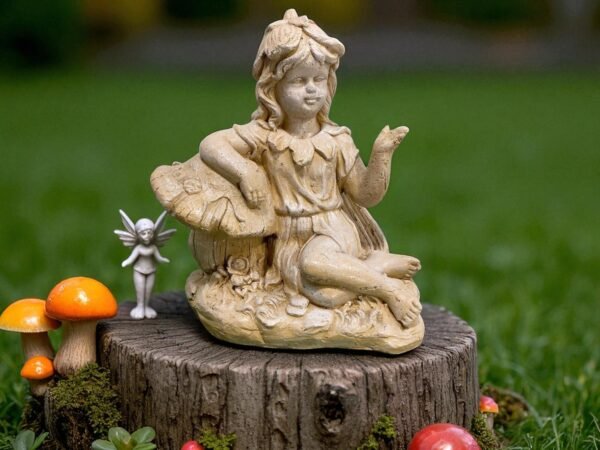 20" Large Solid Concrete garden fairy on a mushroom statue, Outdoor Garden Decor Outdoor Concrete statues, mothers Day gifts birthdays gifts
