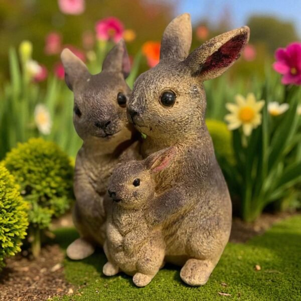 9" Solid Concrete Rabbit Family Statue, Weather proof Rabbits outdoor statues, life-size Garden Statues, Outdoor lawn Decor