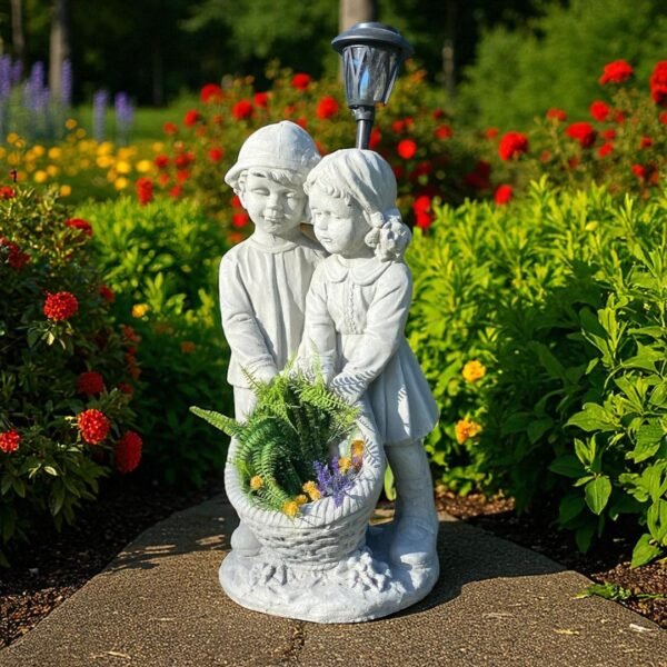 28" Concrete Solar garden children Holding a big flower basket, solar Lights Outdoor Statues Garden Decor Birthday Gifts Housewarming Gifts
