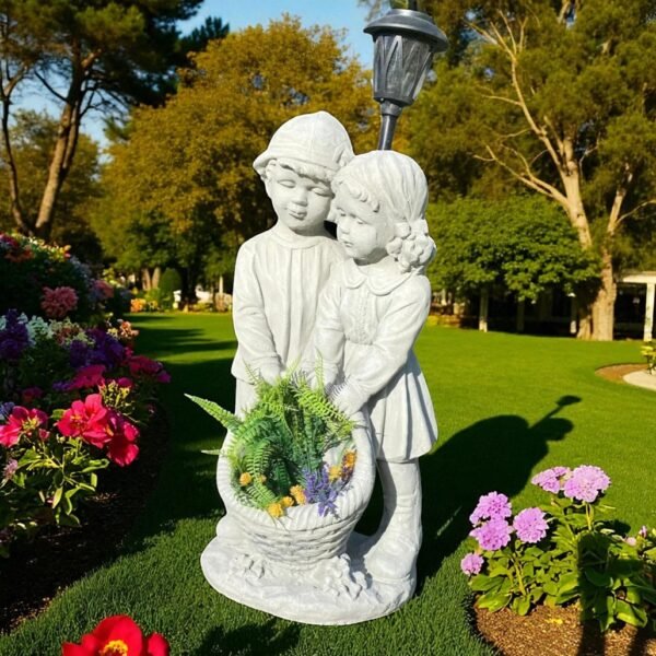 28" Concrete Solar garden children Holding a big flower basket, solar Lights Outdoor Statues Garden Decor Birthday Gifts Housewarming Gifts