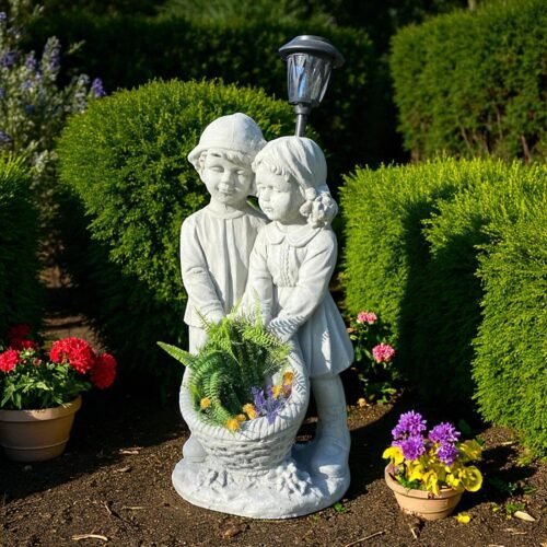 28" Concrete Solar garden children Holding a big flower basket, solar Lights Outdoor Statues Garden Decor Birthday Gifts Housewarming Gifts