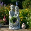 28" Concrete Solar garden children Holding a big flower basket, solar Lights Outdoor Statues Garden Decor Birthday Gifts Housewarming Gifts