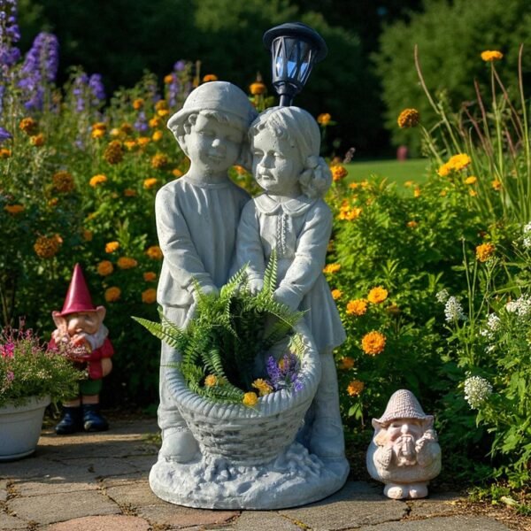 28" Concrete Solar garden children Holding a big flower basket, solar Lights Outdoor Statues Garden Decor Birthday Gifts Housewarming Gifts