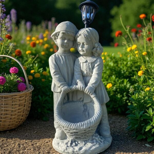 28" Concrete Solar garden children Holding a big flower basket, solar Lights Outdoor Statues Garden Decor Birthday Gifts Housewarming Gifts