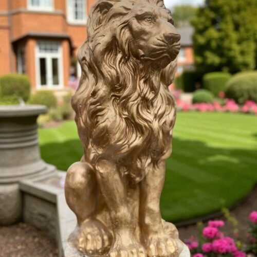 Large 21" Gold Lion Statue, Sentinel Lion Statue Solid Concrete life-size Outdoor/indoor Garden Decor Father day gift, Beautiful home Gift