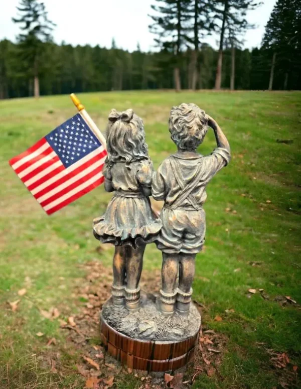 il_fullxfull.6685603480_m3lt 14" Patriotic Flag Children Statue – Antique Stone Garden Decor & Unique Gift American, soldier, Army , USA Decorations