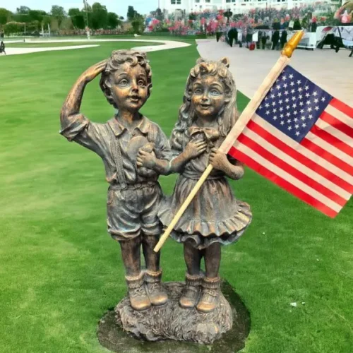 14" Patriotic Flag Children Statue – Antique Stone Garden Decor & Unique Gift American, soldier, Army , USA Decorations