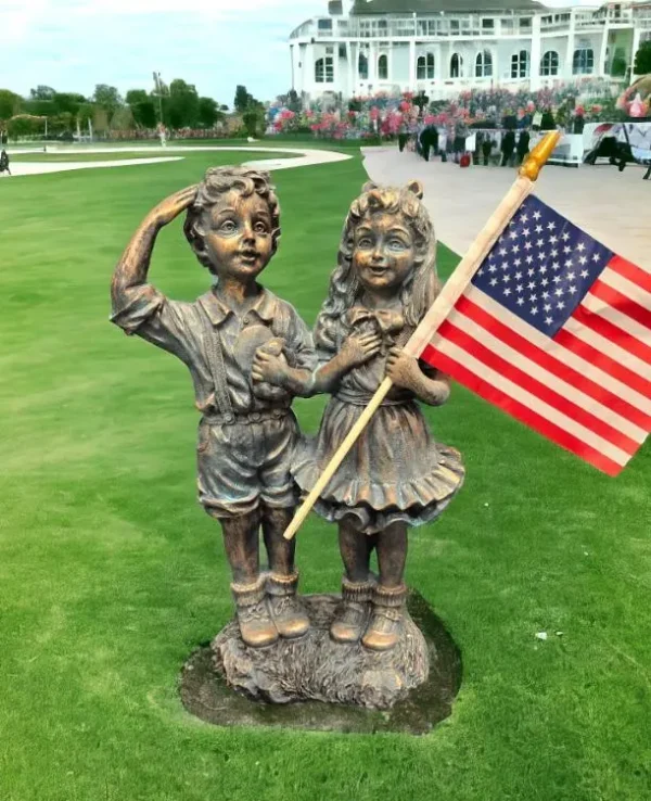 il_fullxfull.6733641117_a12y 14" Patriotic Flag Children Statue – Antique Stone Garden Decor & Unique Gift American, soldier, Army , USA Decorations