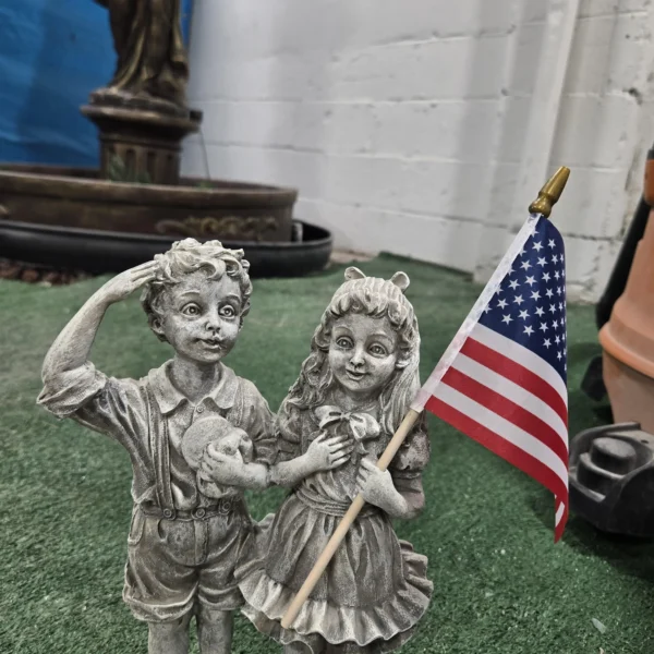 il_fullxfull.7025465992_96nq 14" Patriotic Flag Children Statue – Antique Stone Garden Decor & Unique Gift American, soldier, Army , USA Decorations