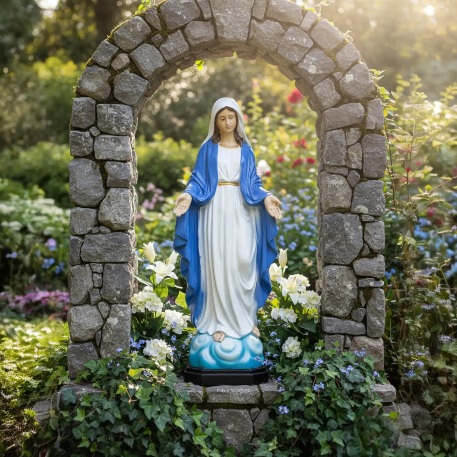 A serene, high-detail photograph of a Virgin Mary "Our Lady of Grace" statue, featuring a vibrant blue mantle and white robes, standing atop a blue-tinted cloud base. The statue is centered within a rustic, hand-laid stone archway (alcove) nestled in a lush "Mary Garden." The scene is surrounded by soft white lilies, delicate blue forget-me-nots, and climbing ivy, all illuminated by warm, natural sunlight filtering through a background of soft-focus garden greenery.